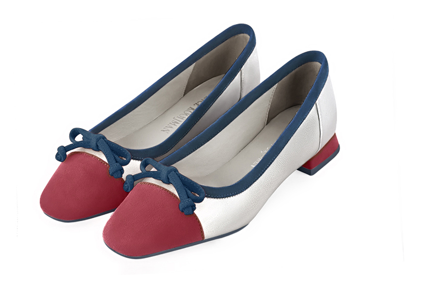 Raspberry red, light silver and navy blue women's ballet pumps, with low heels. Square toe. Flat flare heels - Florence KOOIJMAN